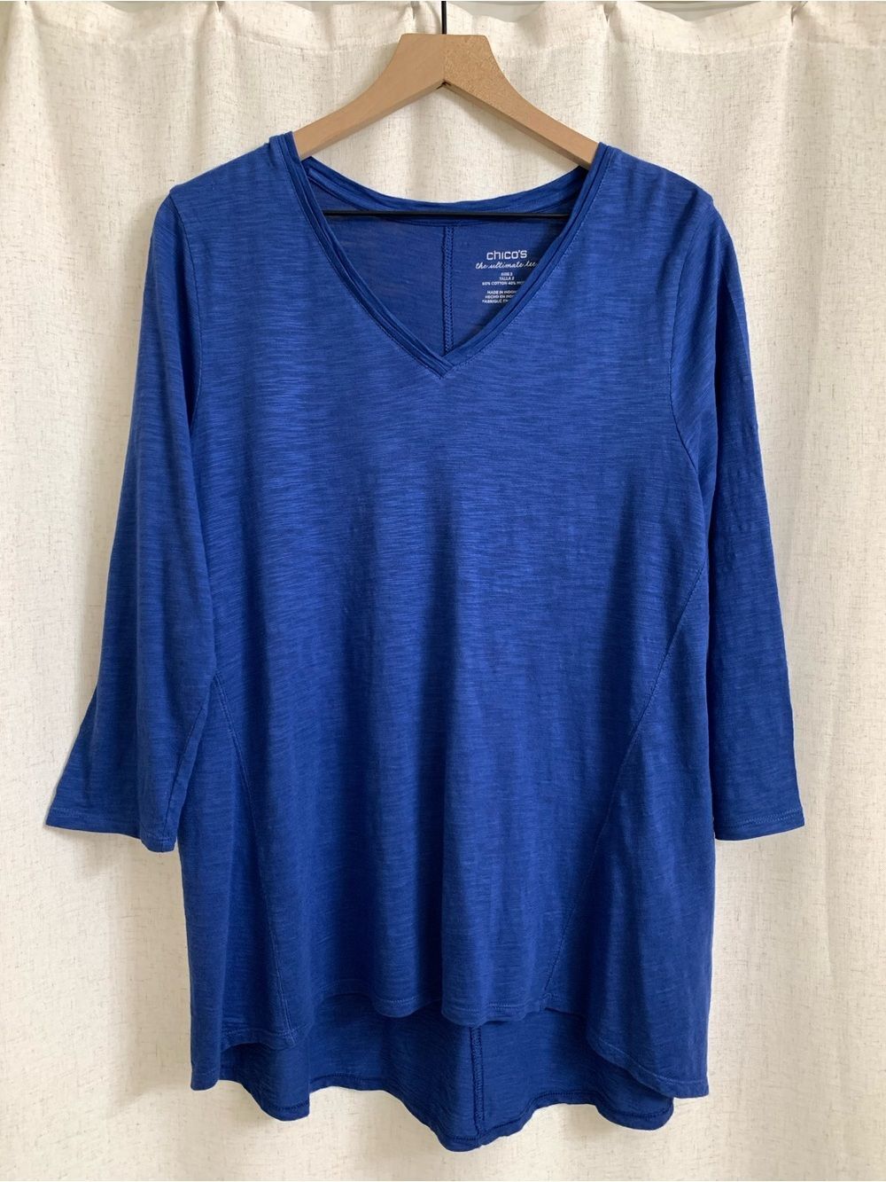 Chico's Ultimate Tee Cotton Modal Royal Blue V-Neck Long Sleeve Tunic Top Size 2